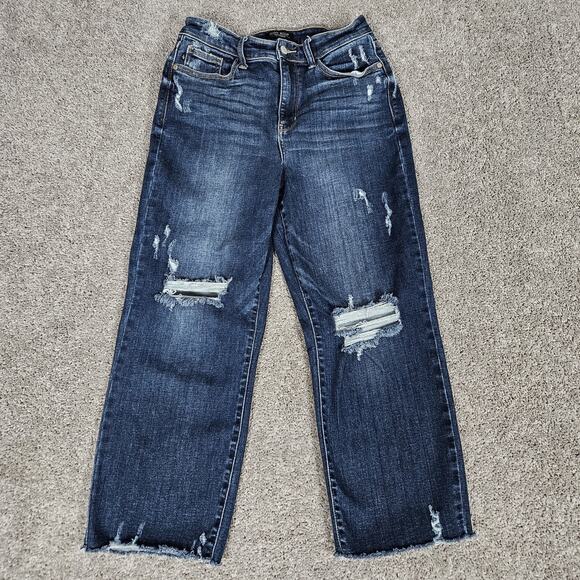 Judy Blue Jeans Womens 7 28 Wide Leg Crop Knee Destroy Distressed Stretch Boho - Picture 1 of 12
